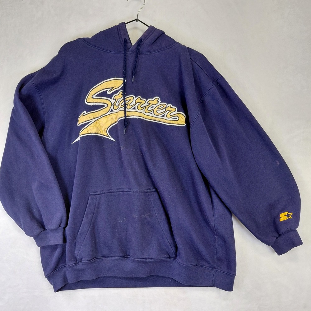 Vintage Starter Hoodie Mens Large Navy Blue Yellow Embroidered Logo Pullover